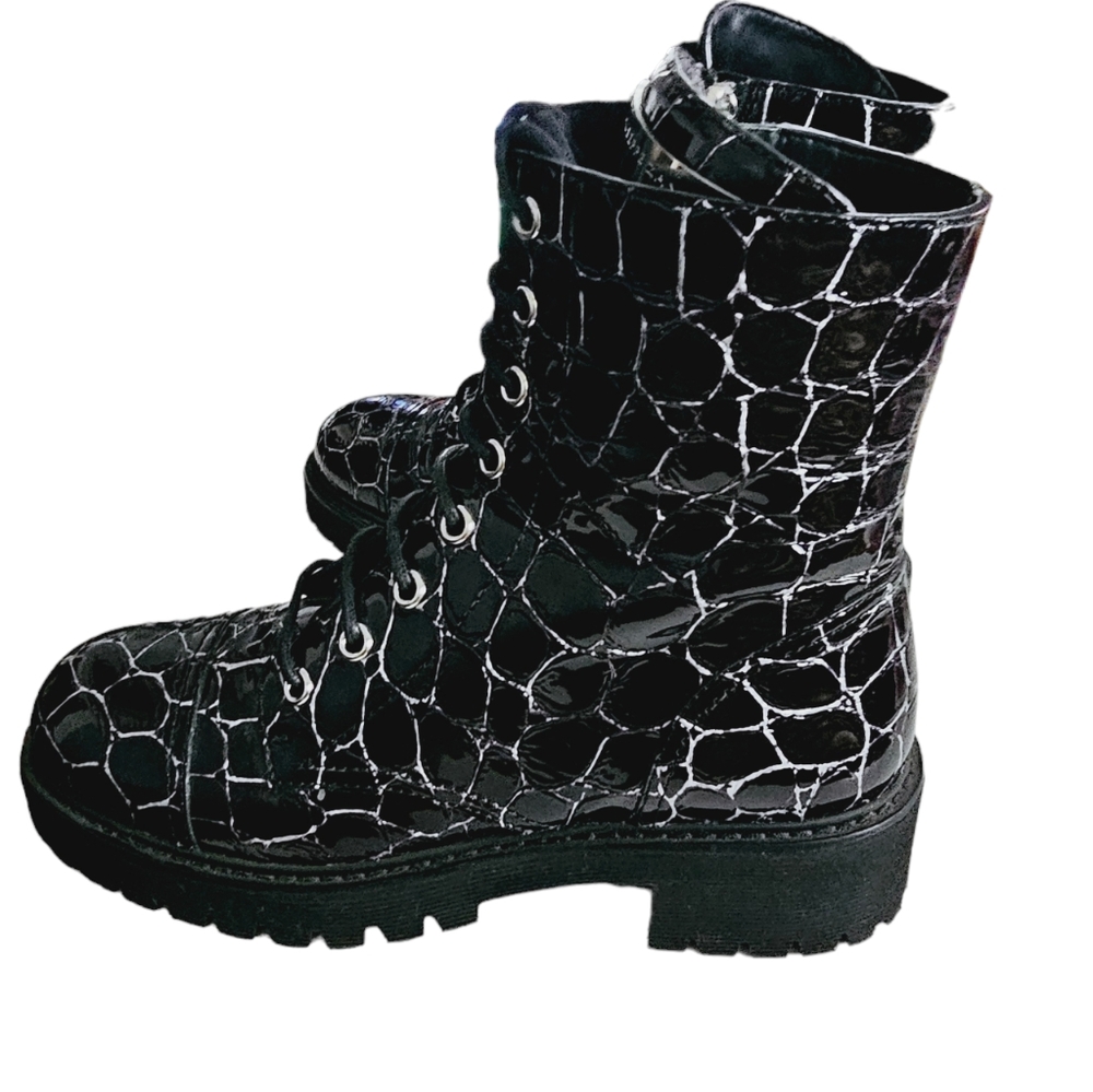 GIUSEPPE ZANOTTICroc-Embossed Leather Combat Boots Nero Sz 6 (35) Shoes Booties